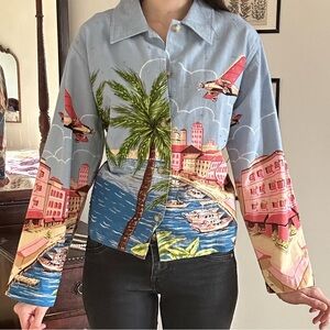 Tantrums Scenic Tropical Print Button-Up Blouse in Light Blue with Sequins